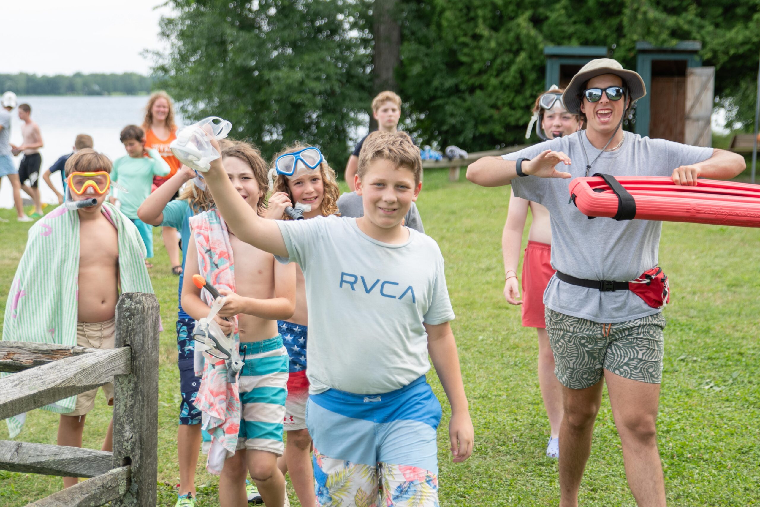 GBYMCA Camp Abenaki group of boys coming back from swimming in Lake Champlain